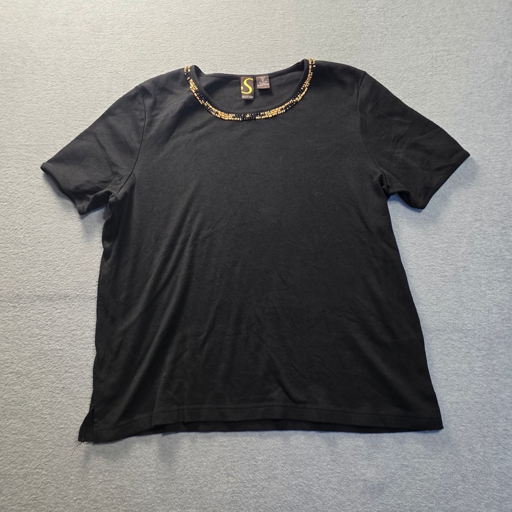 Knit Shirt Womens 2X Black Embellished Casual Short Sleeve Tee Top Sportelle